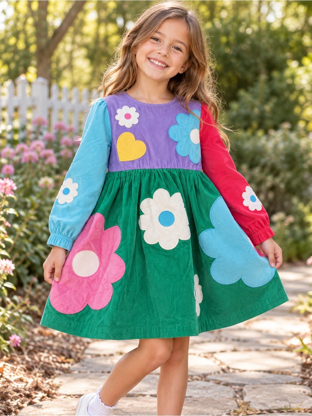 Mini Boden Girls 7-8Y Corduroy Flower Patchwork Dress